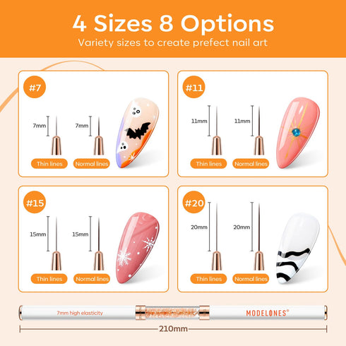 modelones Nail Art Brushes - Super Fine Thin Liner Brush Set Sizes 7/11/15/20mm for Nail Gel Polish Painting Designs