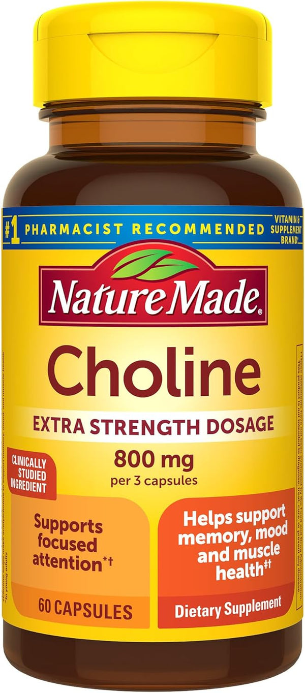 Nature Made Extra Strength Choline Supplements, 800 Mg per 3 Capsules, 60 Capsules, Brain Health, Mood, Muscle & Liver