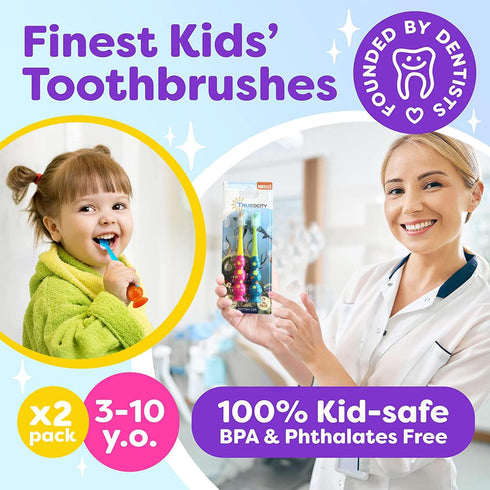 Kids Toothbrush 2 Pack, Soft Contoured Bristles, Child Sized Brush Heads (3-10 Years) - Suction Cup for Easy Storage