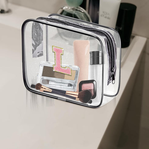 Clear Portable Travel Toiletry Bag, Chenille Letter Cosmetic Bag with Zipper, Waterproof Organizer (Black, B)