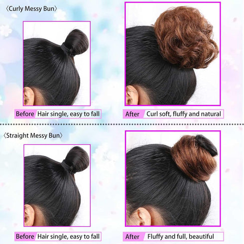 Messy Bun Hair Pieces, Human Hair with Elastic Band, Fluffy Chignon Ponytail Hair Extension for Women, 1Pack Straight