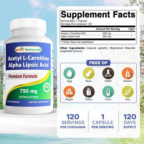 Best Naturals Acetyl L-Carnitine and Alpha Lipoic Acid, 750 mg, 120 Capsules