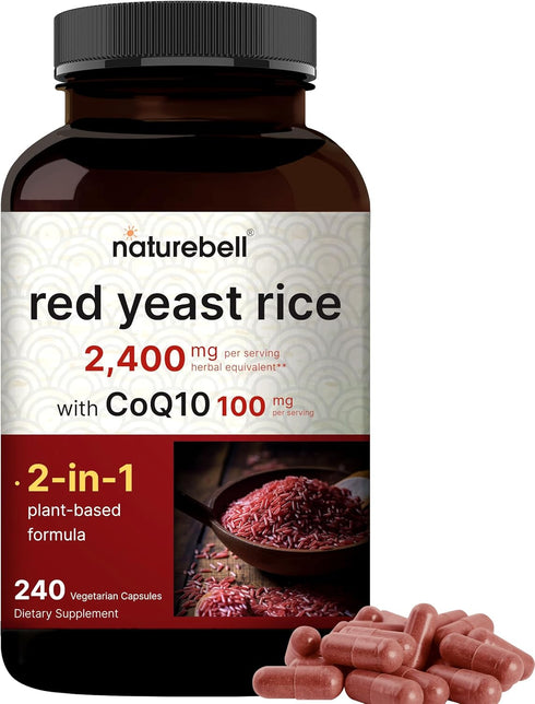 NatureBell Red Yeast Rice, 2,400mg with CoQ10 100mg, 240 Veggie Capsules for Heart Health