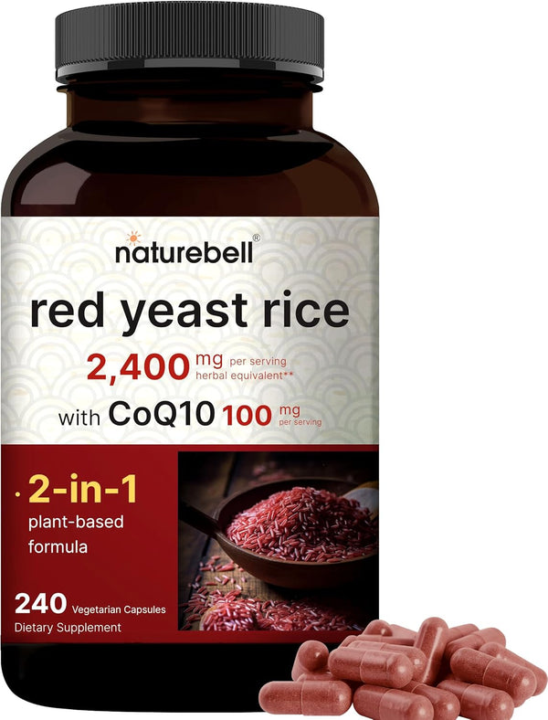 NatureBell Red Yeast Rice, 2,400mg with CoQ10 100mg, 240 Veggie Capsules for Heart Health
