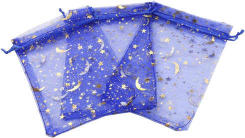 100Pcs 4x6 Inches Sheer Organza Drawstring Pouches with Stars and Moon for Wedding Party Favors