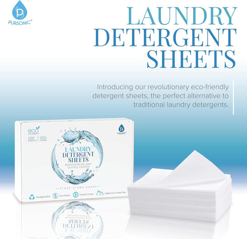 Pursonic Eco Laundry Sheets, Natural Detergent Sheets with Fresh Linen Scent, 30-Pack, Zero Plastic Travel