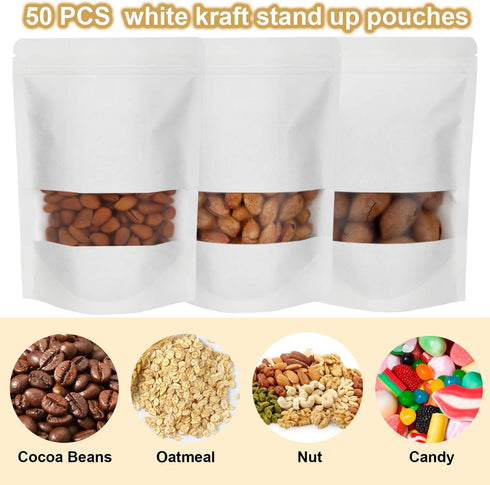 Blisstime 50 Pieces Resealable Bags for Small Business - White Kraft Paper Stand Up Pouches
