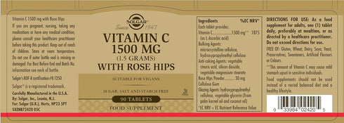 Solgar Vitamin C 1500 mg with Rose Hips - 90 Tablets - Antioxidant & Immune Support - Non-GMO, Vegan, Gluten Free, Dairy Free, Kosher - 90 Servings