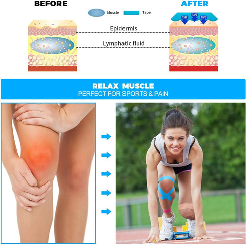 Kinesiology Tape (4 Pack) 16.4ft Water Resistant Athletic Tape for Pain Relief, Injury Recovery, Ice Blue