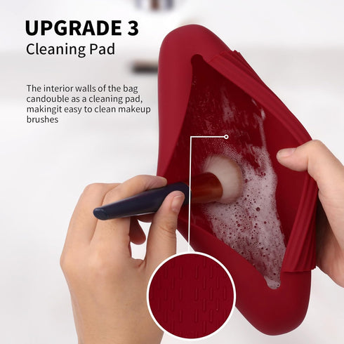Silicone Makeup Brush Holder Travel Cosmetic Bag, Soft Portable Case with Anti-Fall Out Magnetic Closure, Red