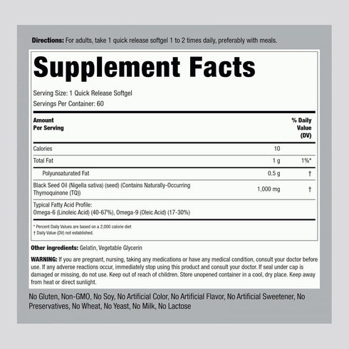 Piping Rock Black Seed Oil Pills | 1000mg | 60 Softgels | Cold Pressed Solvent Free | Non GMO, Gluten Free Supplement