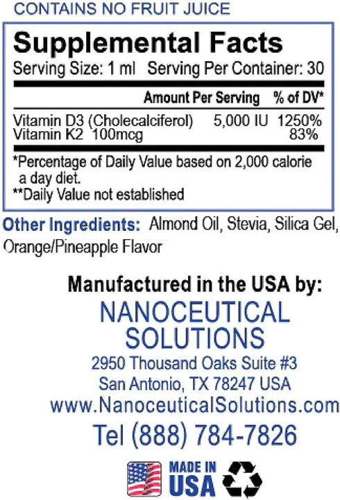 Nano Vitamin D3+K2 - Nanosized Liquid Particles for Rapid Absorption, 5000 IU, 1 Fl Oz