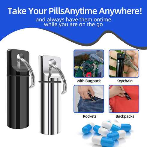 2 Pack Small Pocket Pill Box Keychain, Portable Mini Aluminium Pill Organizer Case for Outdoor Camping Travel