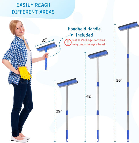 Window Squeegee - 56'' Long Handle Cleaner Tool, 2-in-1 Window Scrubber for Home, Car Windshield, Shower Door