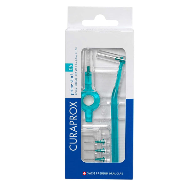 Curaprox CPS 06 Prime Start Interdental Brushes Set, 5 Brushes CPS 06 Prime + 1 Holder UHS 409 + 1 Holder UHS 470, 0.6