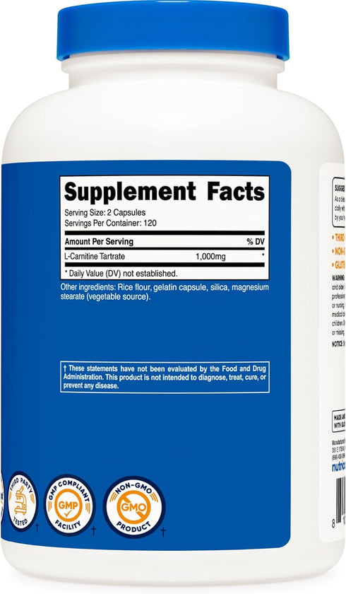 Nutricost L-Carnitine Tartrate 1,000mg, 240 Capsules - 500mg Per Capsule, 120 Servings