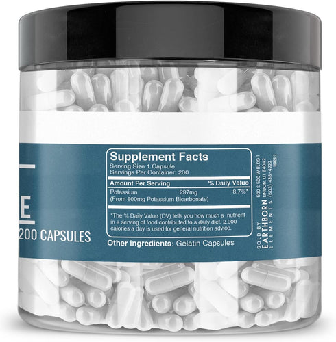 Earthborn Elements Potassium Bicarbonate - 200 Capsules, Pure & Undiluted, No Additives