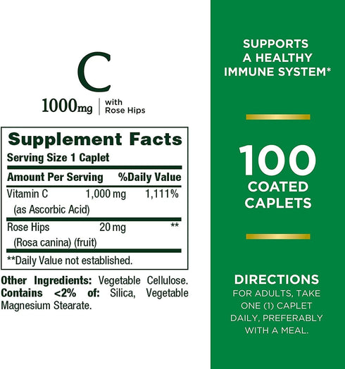 Nature’s Bounty Vitamin C + Rose HIPS, Immune Support, 1000mg, Coated Caplets, 100 Ct - Pack of 2