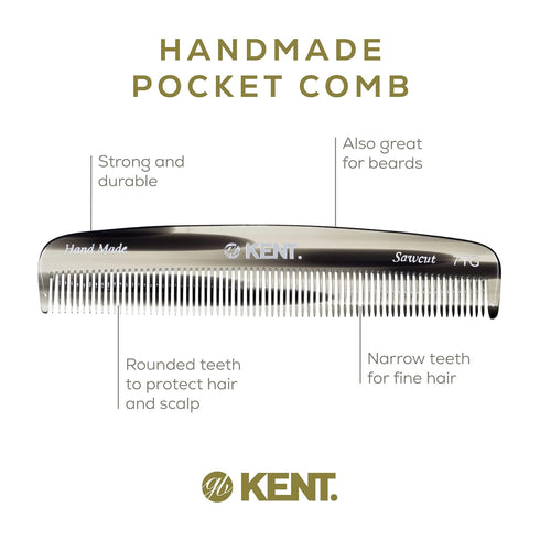 Kent 7T G All Fine Tooth Pocket Comb for Men - Handmade Travel Hair Comb for Grooming and Styling