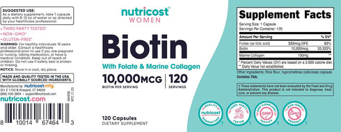 Nutricost Biotin for Women, 10,000mcg, 120 Capsules with Folate & Collagen, Gluten Free