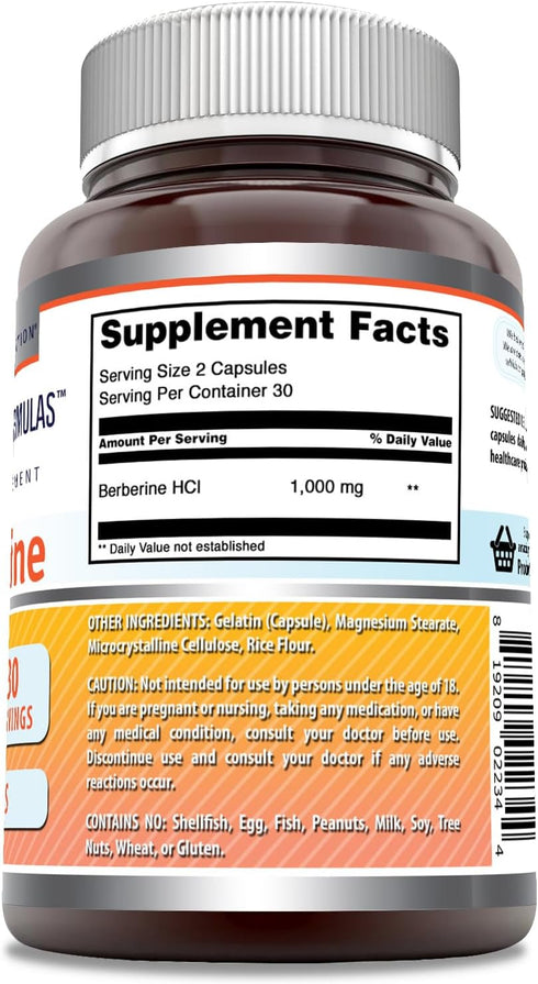 Amazing Formulas Berberine, 1000mg per Serving, 60 Capsules, Non-GMO, Gluten Free, Made in USA Supplement