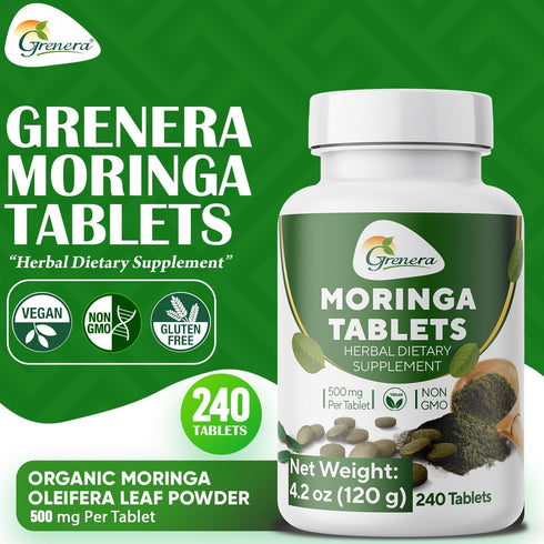Grenera Moringa Tablets 240 nos, Uncoated Herbal Supplement, Green Superfood, Lab Tested for Purity