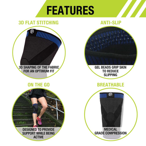 Pro-Tec Athletics 3D Flat Knee Support, Medium, Blue/Black, Breathable, Non-Slip Gel for Stability