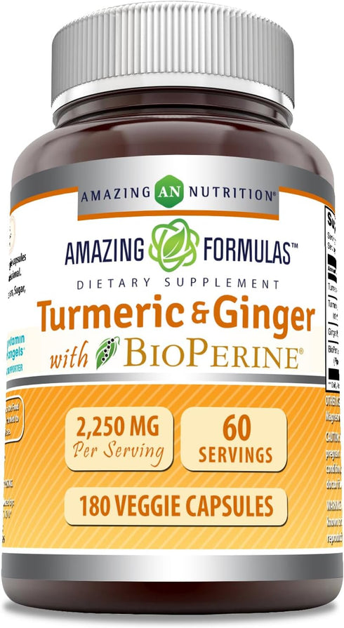 Amazing Formulas Turmeric Curcumin & Ginger with BioPerine, 2250 mg Veggie Capsules, Non-GMO, Gluten Free, 180 Count