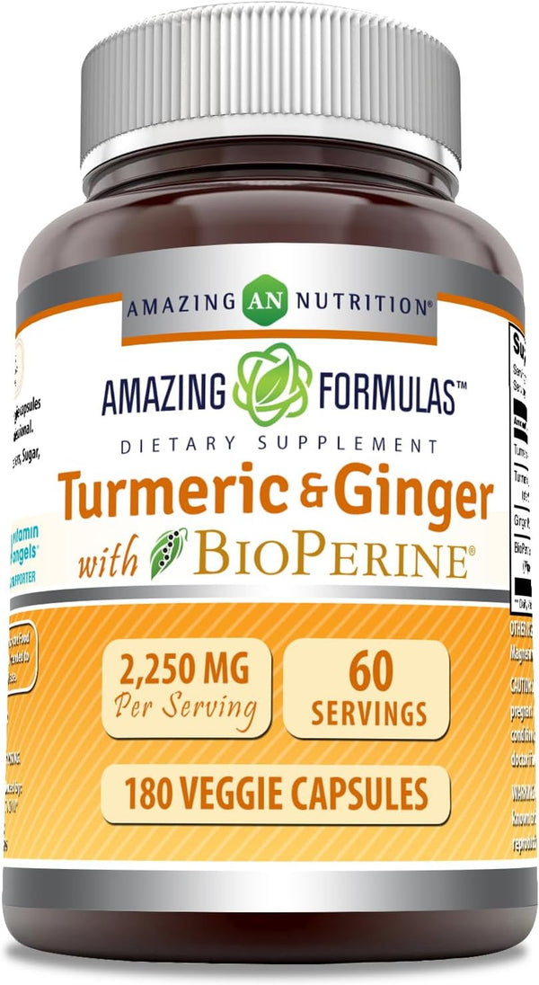 Amazing Formulas Turmeric Curcumin & Ginger with BioPerine, 2250 mg Veggie Capsules, Non-GMO, Gluten Free, 180 Count