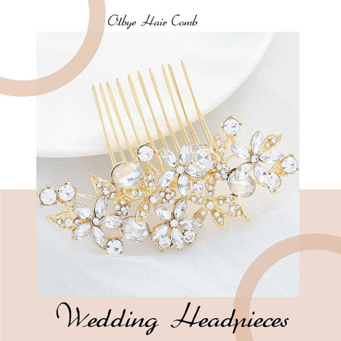 Olbye Bridal Headpiece - Rhinestone Crystal Flower Hair Comb and Clips for Brides and Women (Gold)