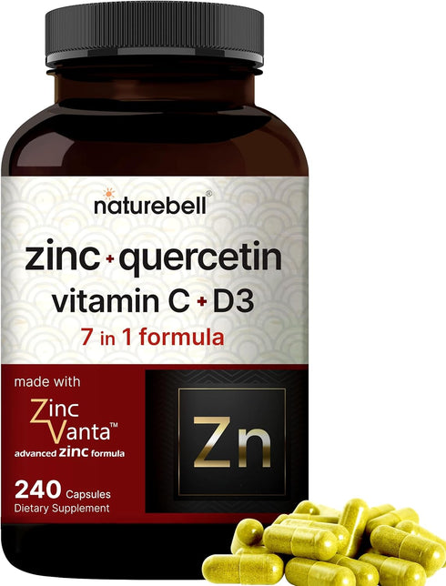 NatureBell Zinc Quercetin with Vitamin C & D3, 240 Capsules, 4 in 1 Zinc 50mg, Quercetin 1,000mg, Vitamin C 250mg