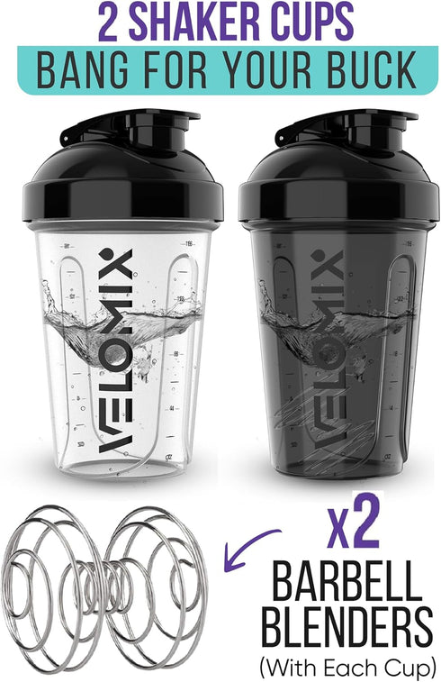 Protein Shaker Bottle Pack - 20 oz - 2 Pack - Leak Proof Shaker Cups for Protein Mixes - 2x Wire Whisk