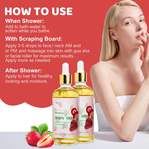 MR.A 2 Pack Strawberry Body Oil Juice Scented, Vitamin E Body Oil after Shower with Jojoba Oil