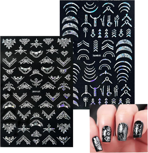 10 Sheets Flower Nail Stickers, Silver Nail Decals 3D Self-Adhesive Leaf Nail Art Stickers for Women Manicure