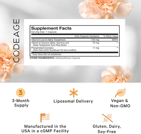 Codeage Liposomal Vitamin E Supplement, 90 Capsules - All Vitamin E Tocopherols, Antioxidant, 3-Month Supply