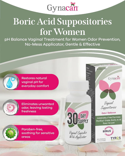 Gynacan Boric Acid Vaginal Suppositories Advanced Feminine pH Balance Support, Odor Control & Itch Relief, Pure