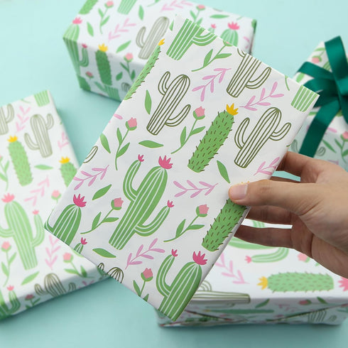 Cactus Wrapping Paper, Green Cacti with Pink Yellow Flowers, 19.7x27.5 Inch Folded Flat for DIY Craft