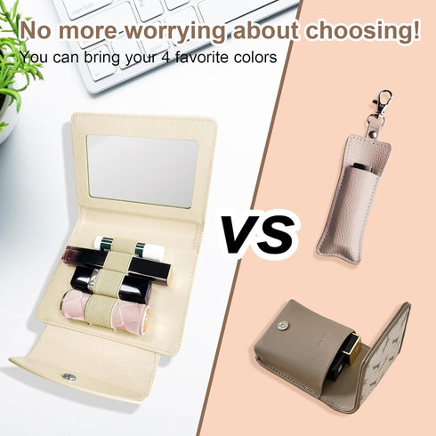PU Lipstick Case Holder with Mirror, Holds 4 Long Lipsticks, Makeup Travel Organizer Bag for Women and Girls