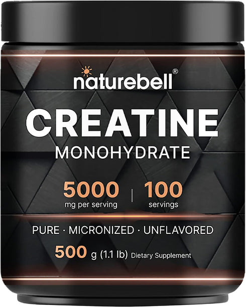 NatureBell Creatine Monohydrate Powder - 500 Grams, 5000mg Per Serving, Pure Unflavored Micronized Powder