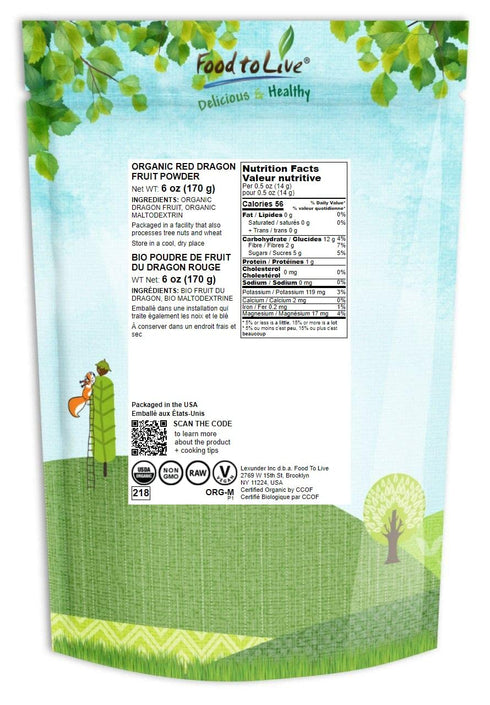 Food to Live Organic Dragon Fruit Powder, 6 Ounces – Non-GMO, Powdered Red Pitaya, Vegan, Bulk. Contains Maltodextrin. Rich in Antioxidants, Fiber, Vitamin C. Perfect for Shakes, Smoothie Bowls