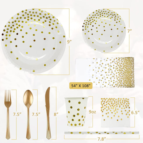 Paper Plates Napkins Set, Disposable 7/9 Inch White and Gold Party Supplies with Forks, Knives, Spoons
