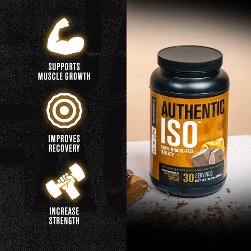 Authentic ISO Grass Fed Whey Protein Isolate Powder, Low Carb, Non-GMO, Chocolate Peanut Butter - 2LB, 30sv