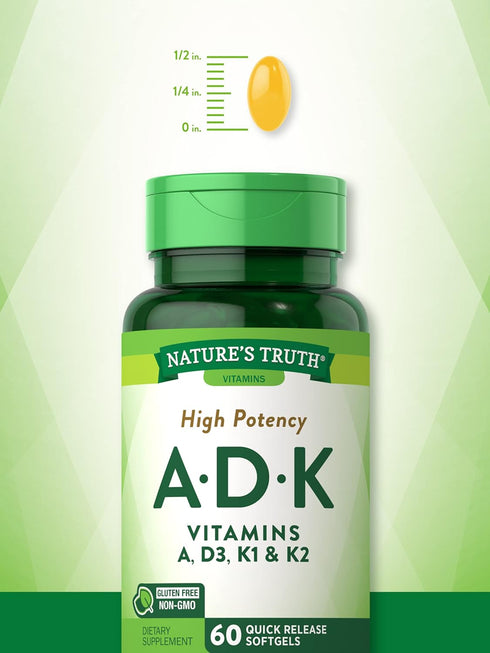 Nature's Truth Vitamin A D K Supplement, 60 Softgels, High Potency of A, D3, K1 & K2, Non-GMO, Gluten Free