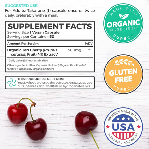 Organic Tart Cherry Capsules (Vegan & Gluten Free) - Natural Uric Acid Flush - High Strength 4:1 Extract Equals 2000mg of Fresh Tart Cherry Juice Organic - Support Supplement - 60 Capsules of 500mg