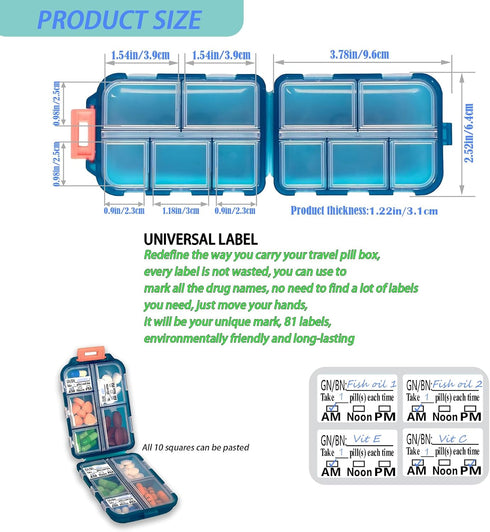 NCGDPZY 81 10 2-Pack) Portable Pill Organizer with Labels & Strong Lock - Travel Pill Case, Compartments