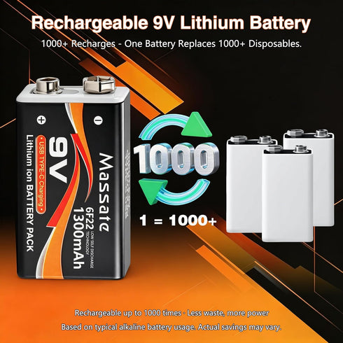 Massate 4 Pack 9V 1300mAh: 4 1 9 Rechargeable Batteries USB C Lithium Ion Battery with in Charging Cable, Long Lasting