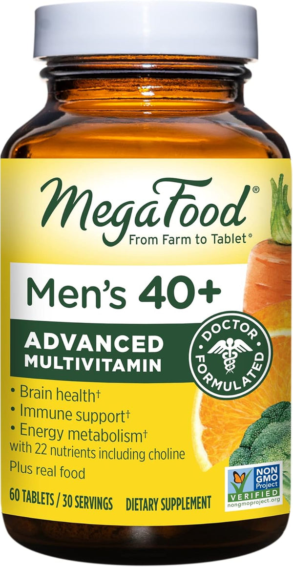 MegaFood Men's 40+ Advanced Multivitamin for Men, Dr-Formulated with Choline, Vitamin B, C, D, Zinc - 60 Tabs