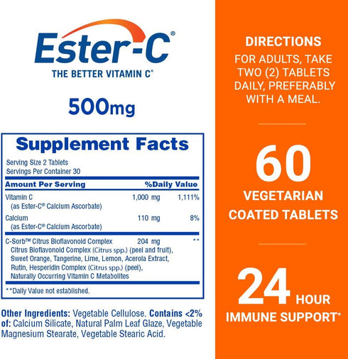 Ester-C Vitamin C Tablets, 500mg, 60-Count, Unflavored (Packaging May Vary)