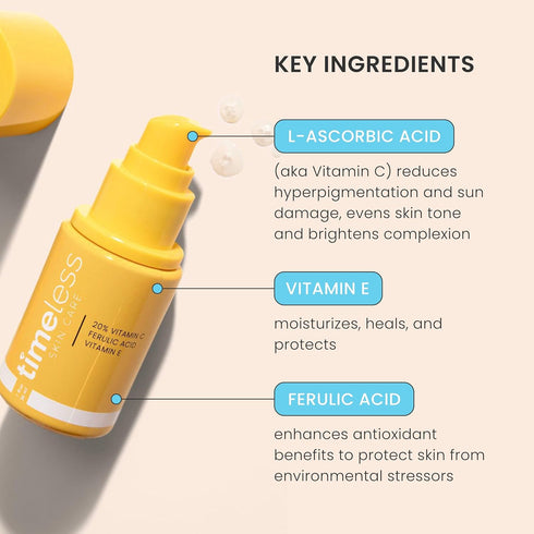 Timeless Skin Care Vitamin C Serum, 20% Vitamin C with Vitamin E & Ferulic Acid, Fragrance-Free, 1 oz