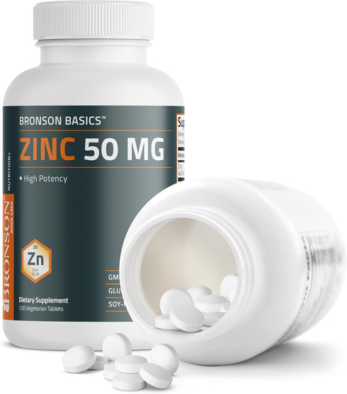 Bronson Zinc 50 MG High Potency - Supports Immune, Antioxidant & Skin Health - Non-GMO, 120 Vegetarian Tablets